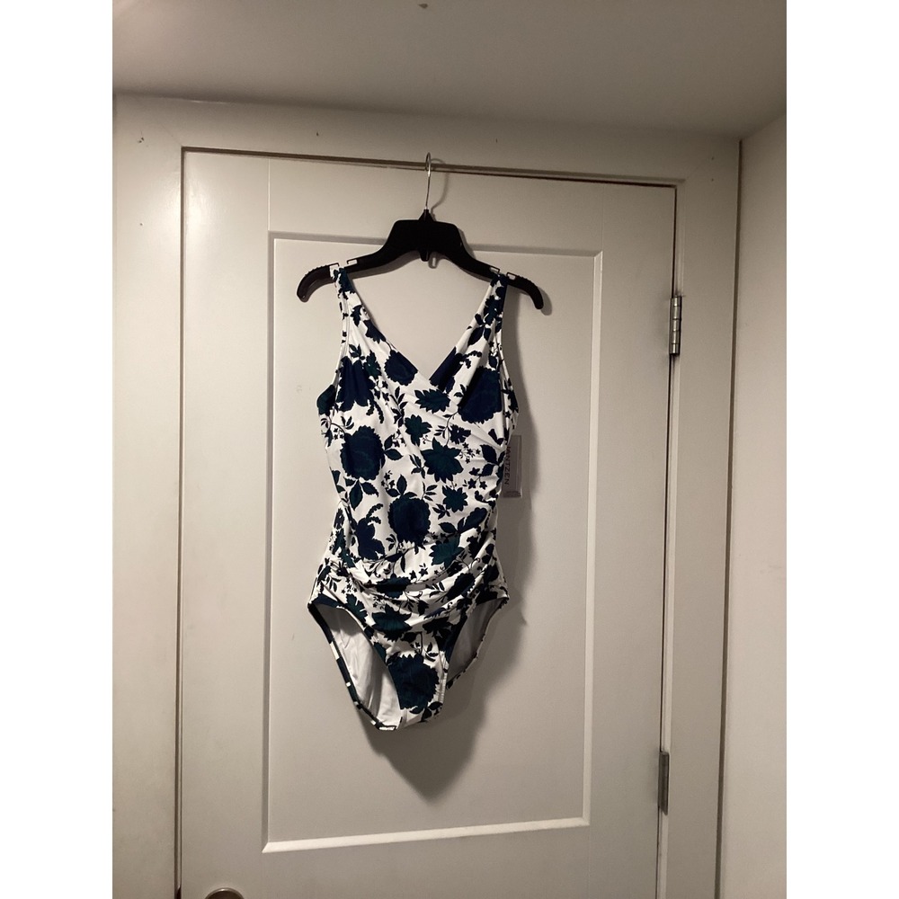 Jantzen Womens Floral V-Neck One Piece Swimsuit Tummy Control Teal White Size 8